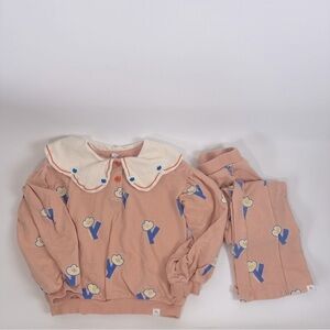 Pimpollo 5T 130‎ Toddler Girls Collared Shirt and Pants Sweat Set Tulips Peach